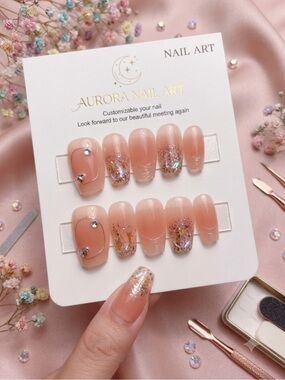 Nude Pink Press-On Nails with Glitter Accents